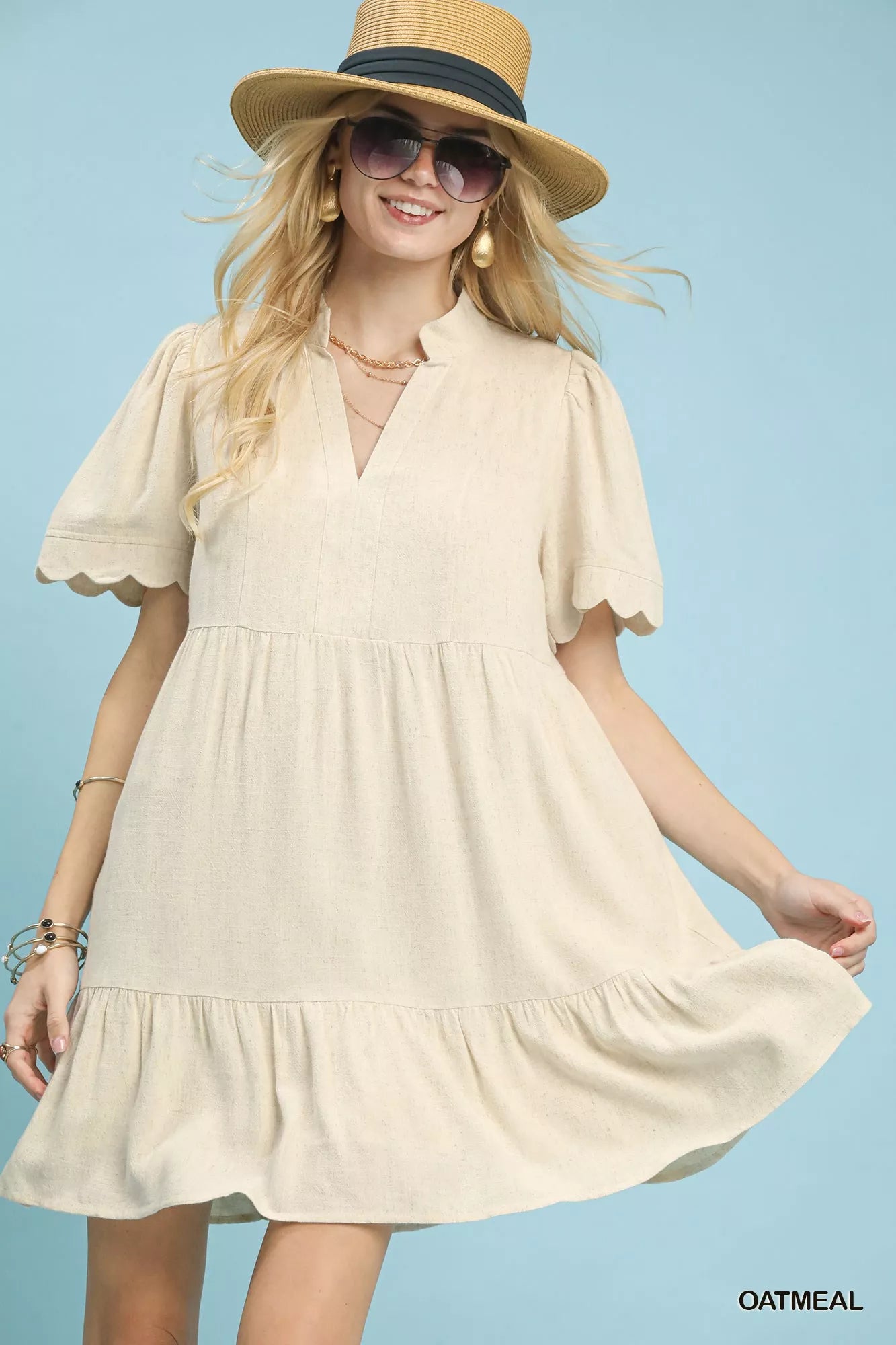 Linen Tiered Babydoll Dress with Scalloped Sleeves