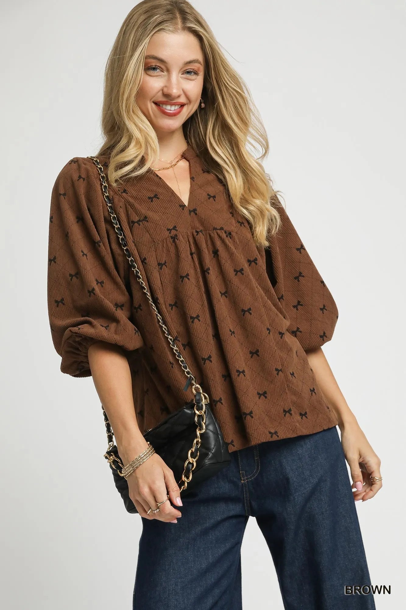 Corduroy Bow Print Balloon Sleeve Blouse