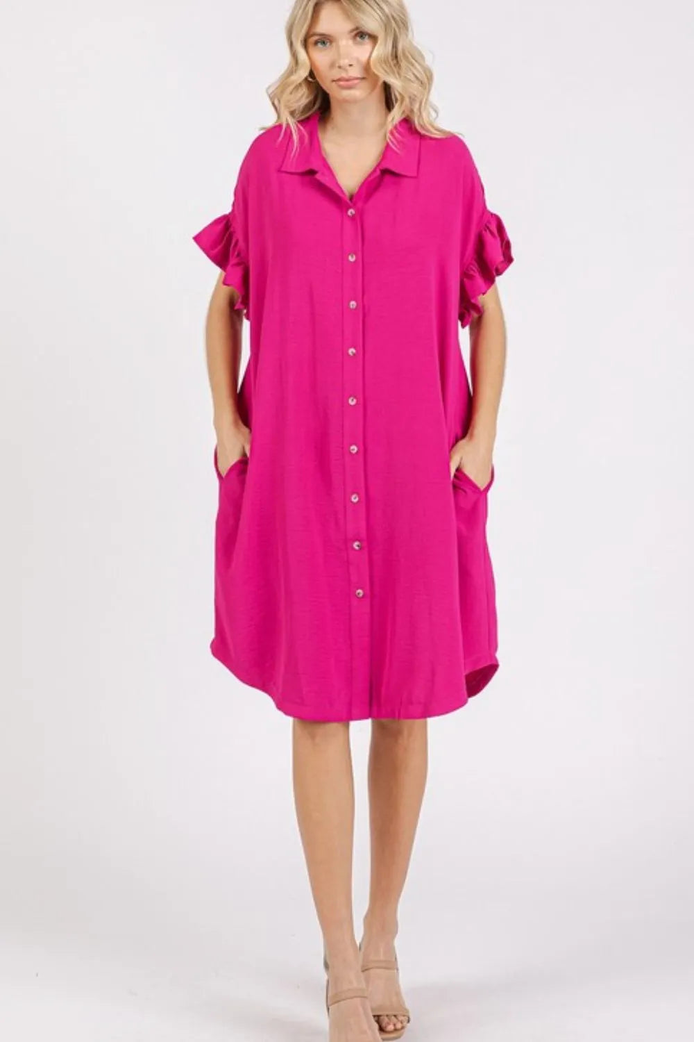 Button Down Flounce Sleeve Dress with Pockets