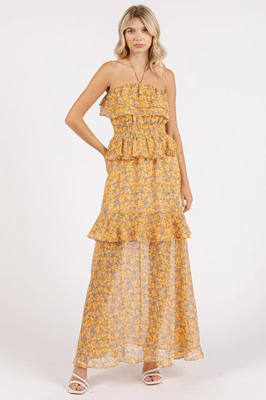 Ruffled Smocked Floral Halter Neck Maxi Dress