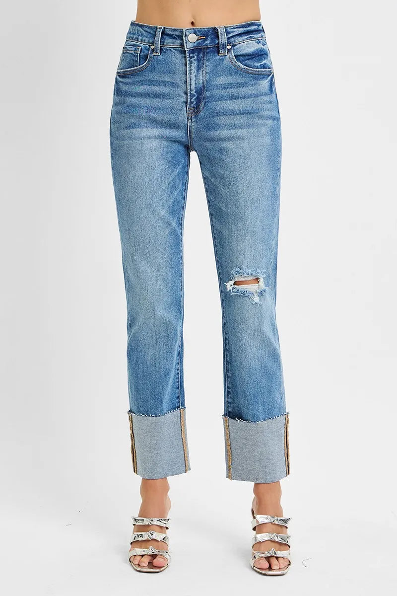 Full Size High Rise Ankle Straight Wide Cuffed Jeans Plus Size