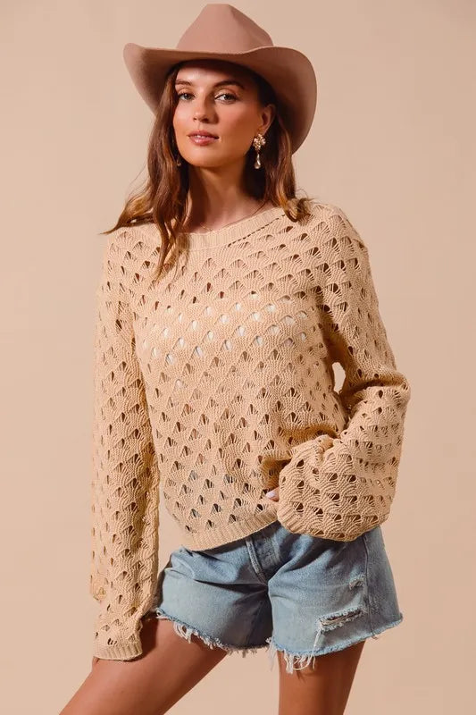 Geometric Pattern Open Knit Lightweight Sweater