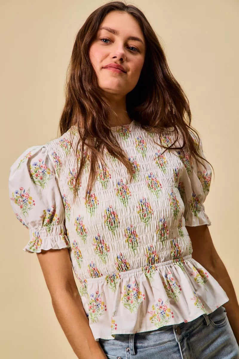 Floral Cotton Smocked Short Sleeves Blouse