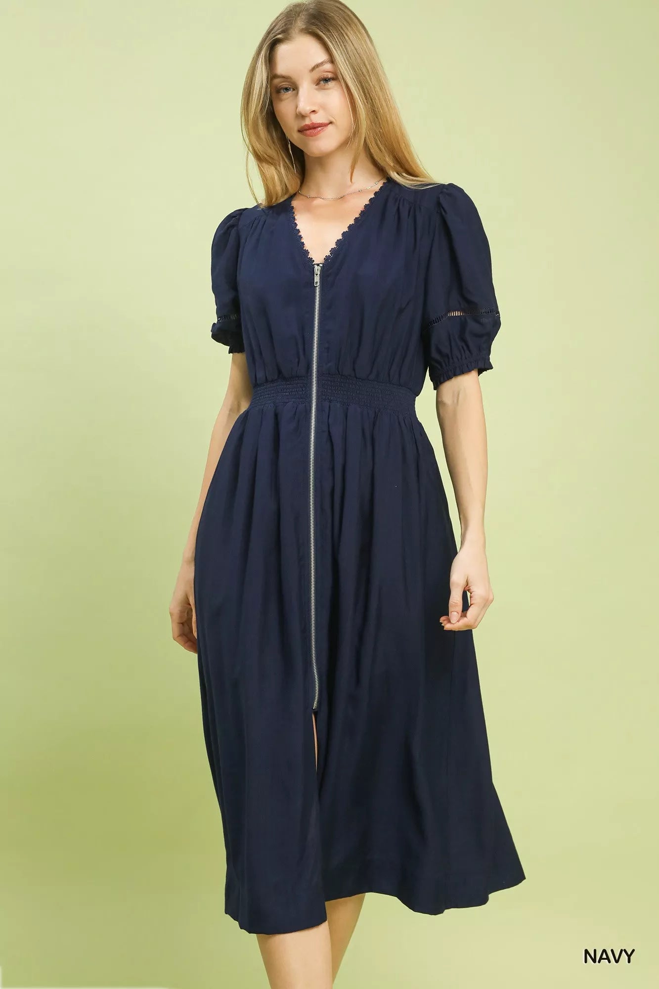 Zip-Front Smocked Waist Midi Dress