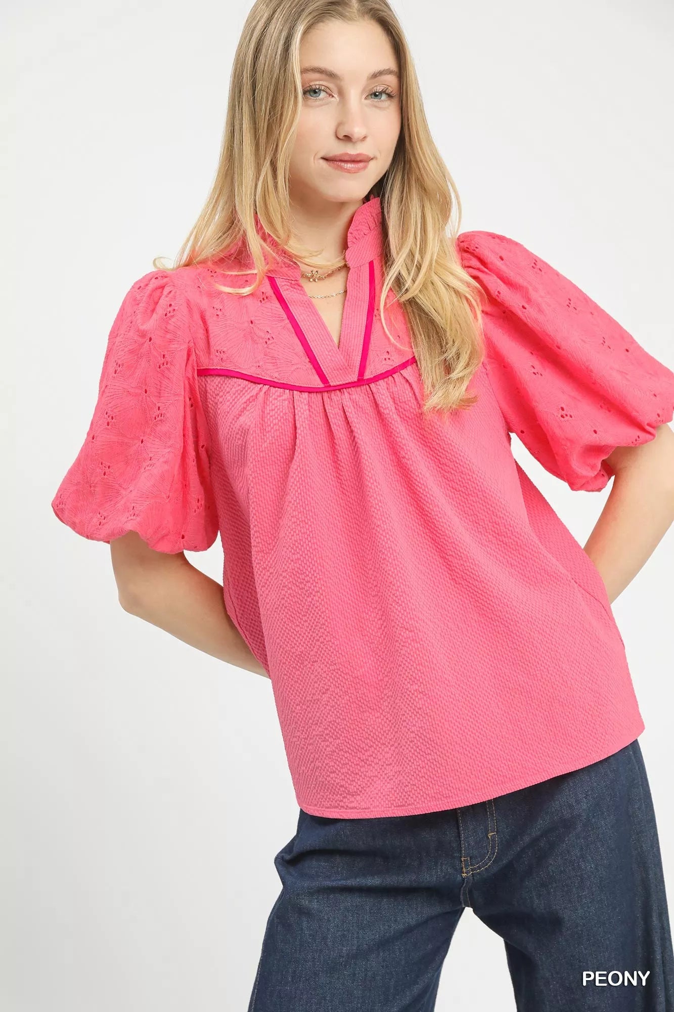 Puff Sleeve Eyelet Mix Top with Contrast Piping