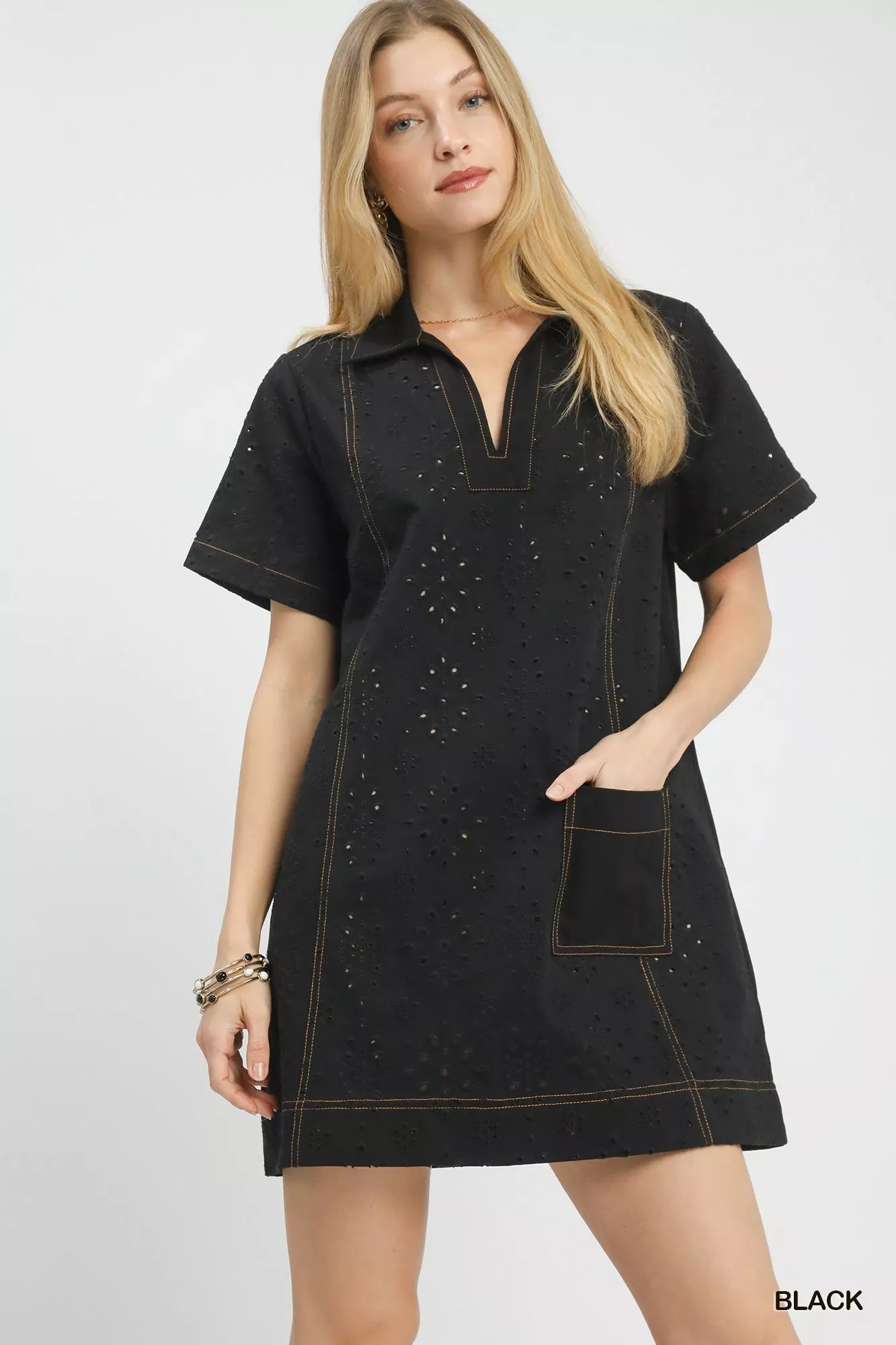 Eyelet Short Sleeve Shift Dress with Pocket