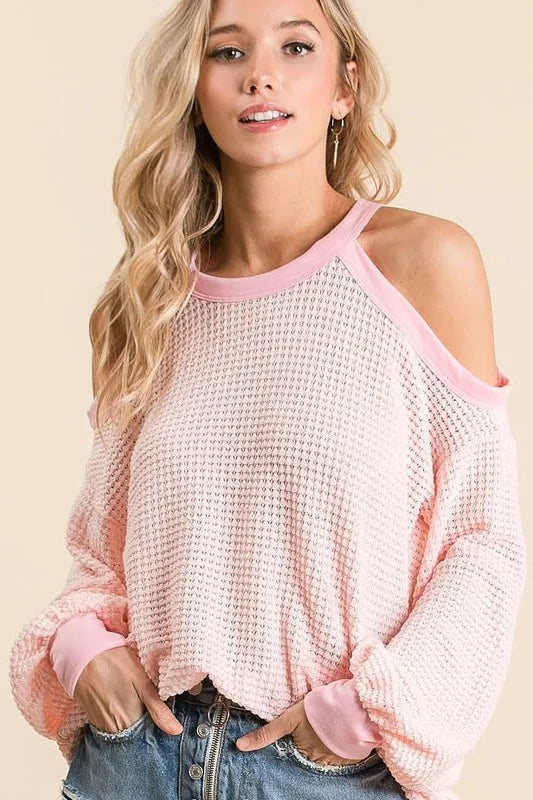 Popcorn Waffle Top with Cold Shoulder Detail