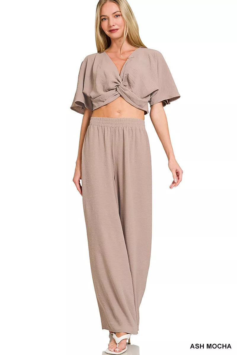 Woven Airflow Twisted Top & Wide Leg Pants Set