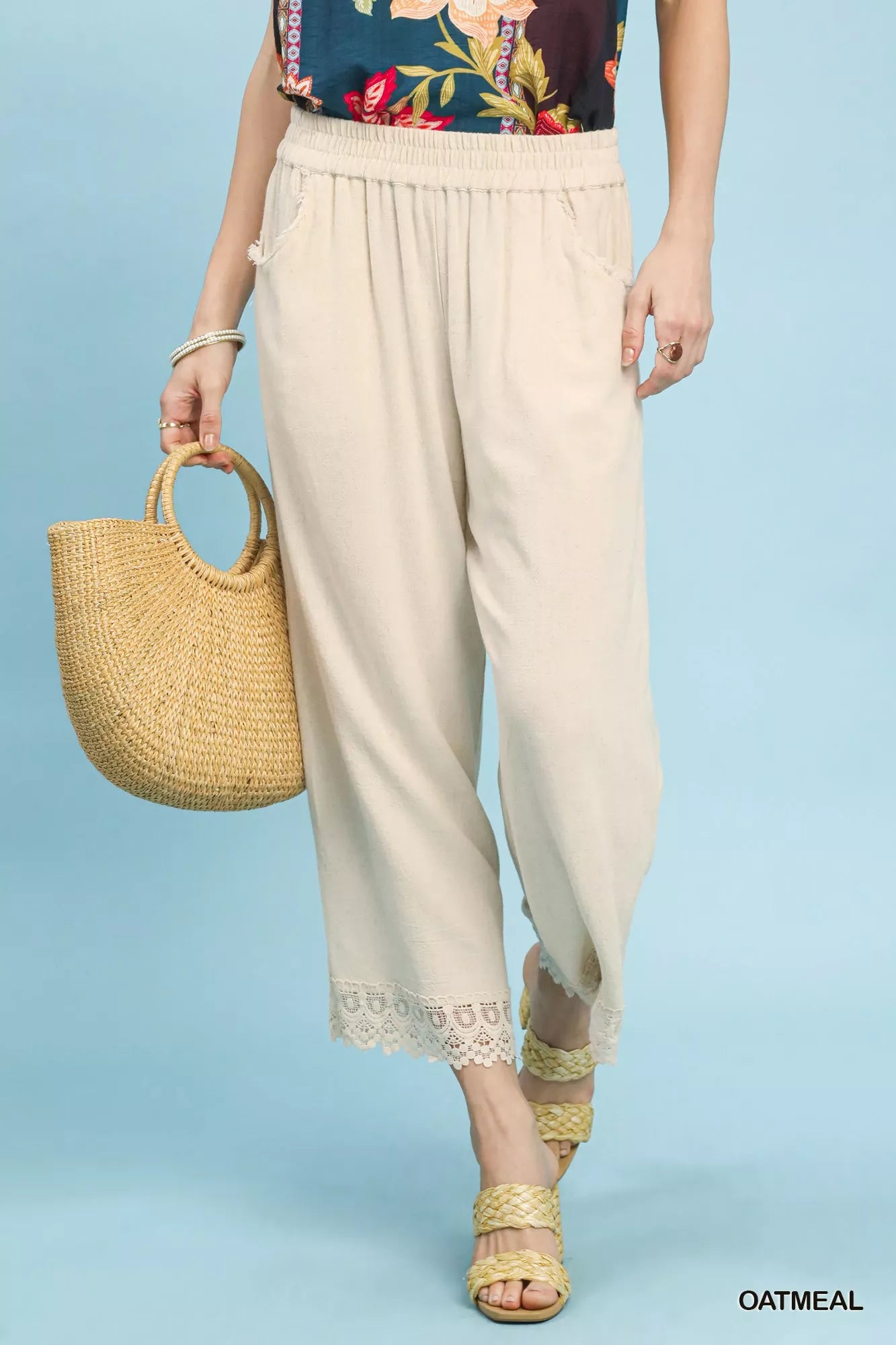 Linen Wide Leg Cropped Pants with Lace Trim
