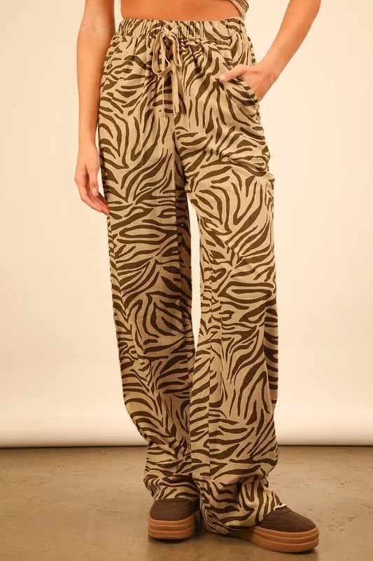 Animal Print Linen Wide Leg Pants