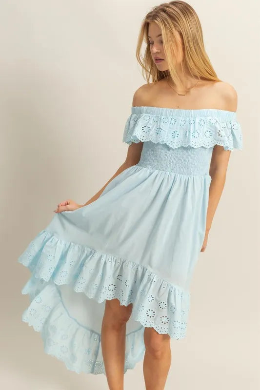 High-Low Eyelet Ruffled Off-Shoulder Dress