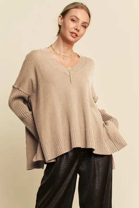 Ribbed Side Slit V-Neck Sweater