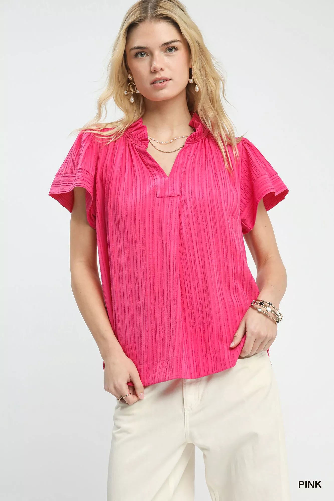 Texture Flutter Sleeve Notched Blouse