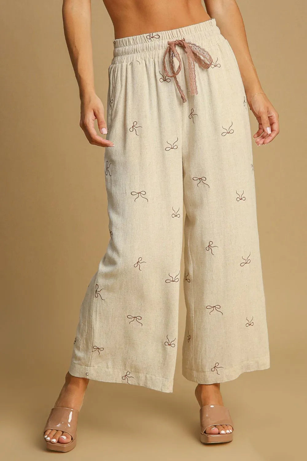 Full Size Lace Drawstring Embroidered Bow Wide Leg Pants Plus Size
