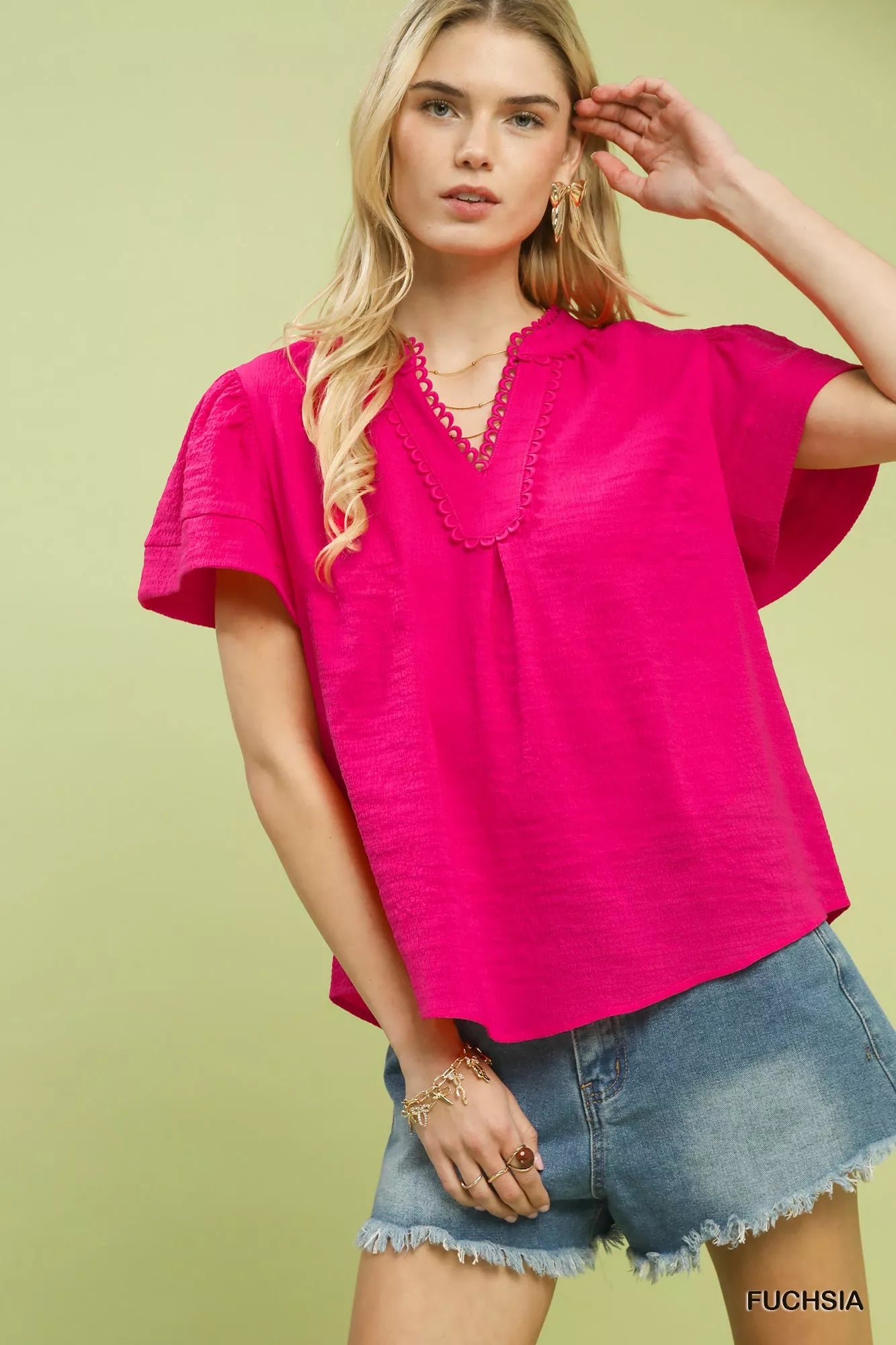 Seersucker Short Sleeve Top with Lace Trim