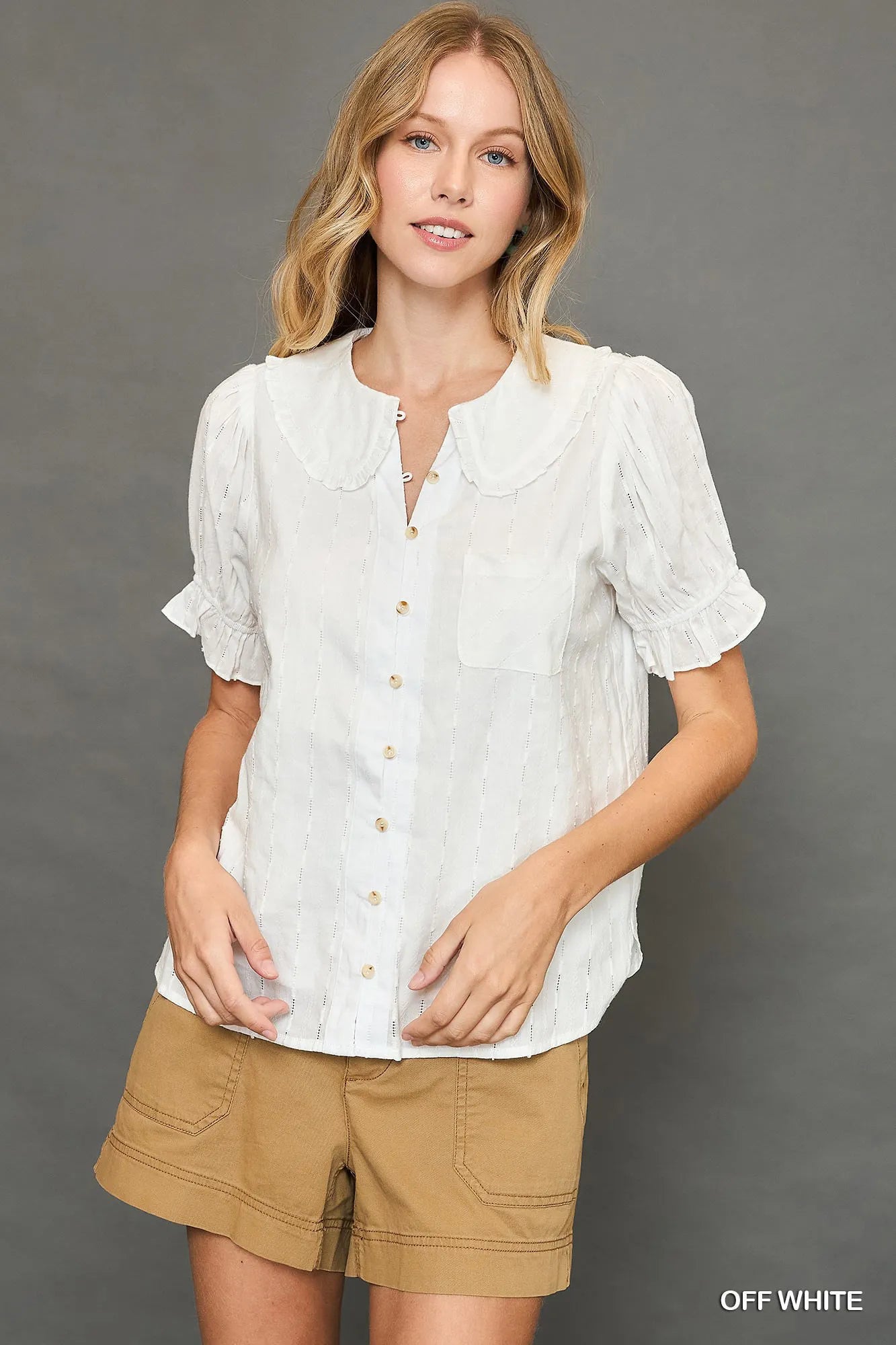 Peter Pan Collared Button Down Textured Shirt with Ruffled Detail
