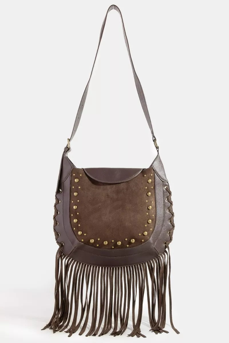 Rivet Trim Suede Fringe Shoulder Bag