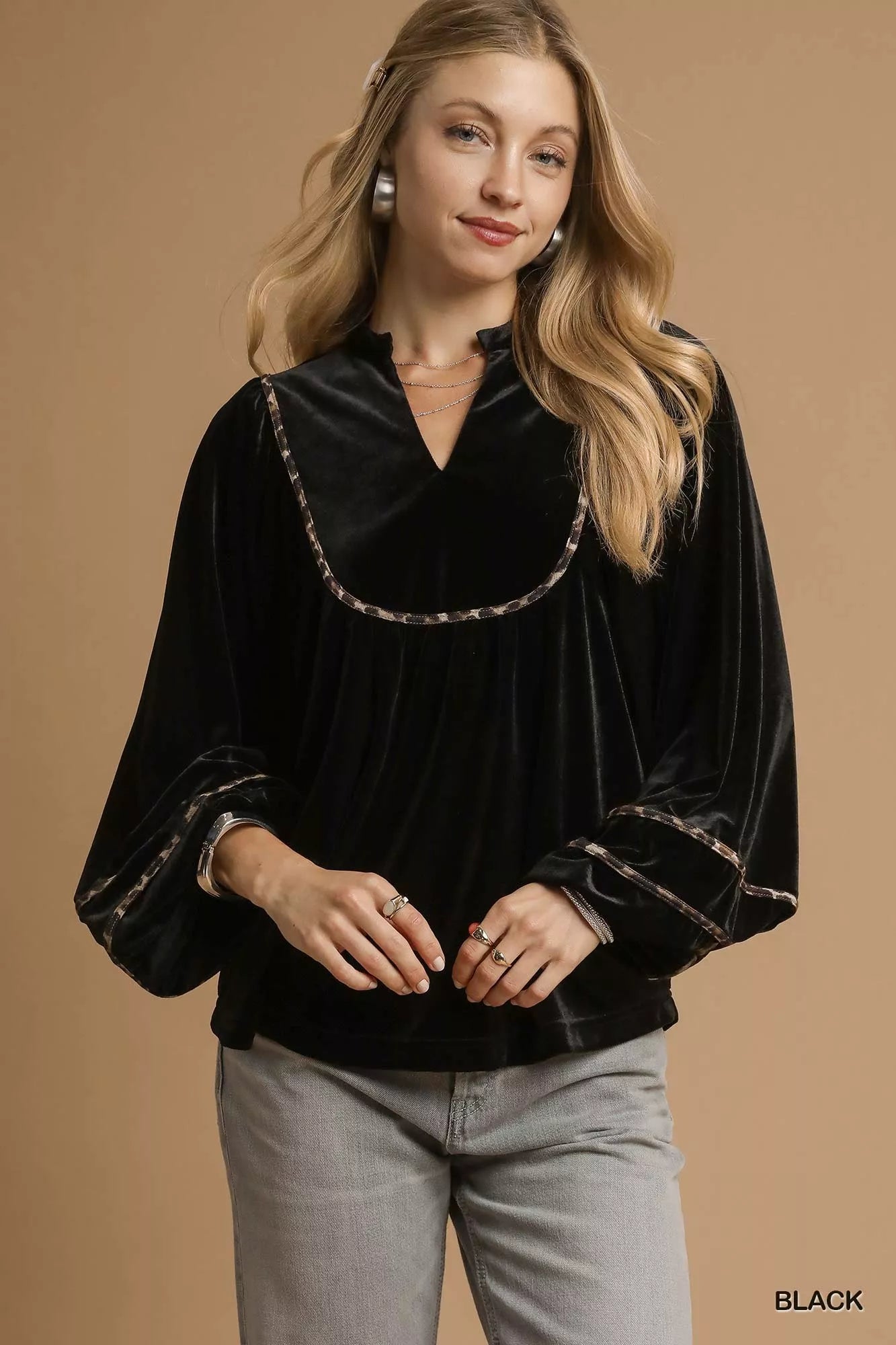 Velvet Long Sleeve Blouse with Contrast Trim