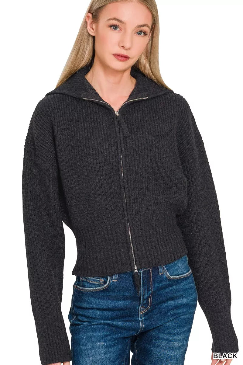 Ribbed Collared Zip Up Sweater Cardigan