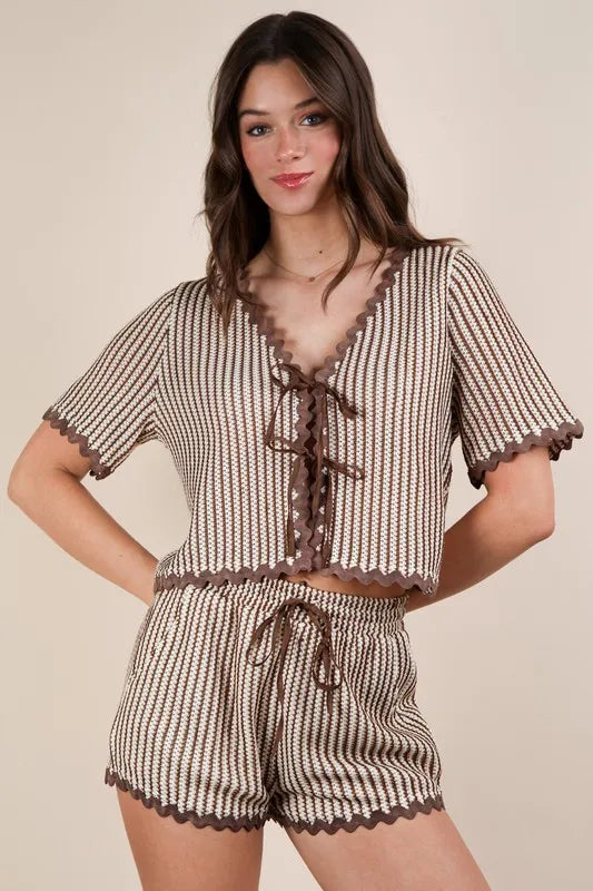 Wave Trim Detail Knit Top & Shorts Set