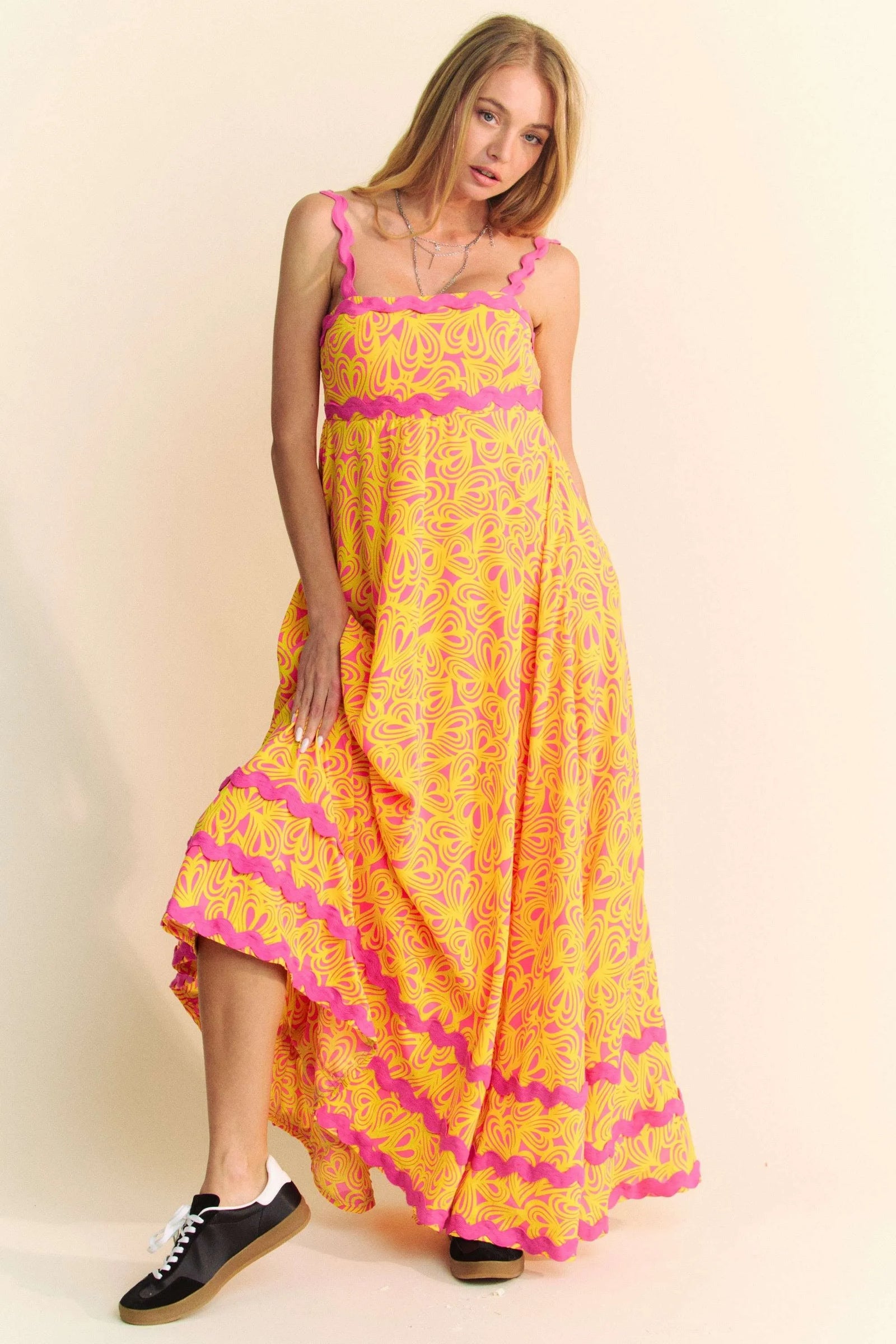 2 Tone Printed Wavi Trim Tiered Maxi Dress
