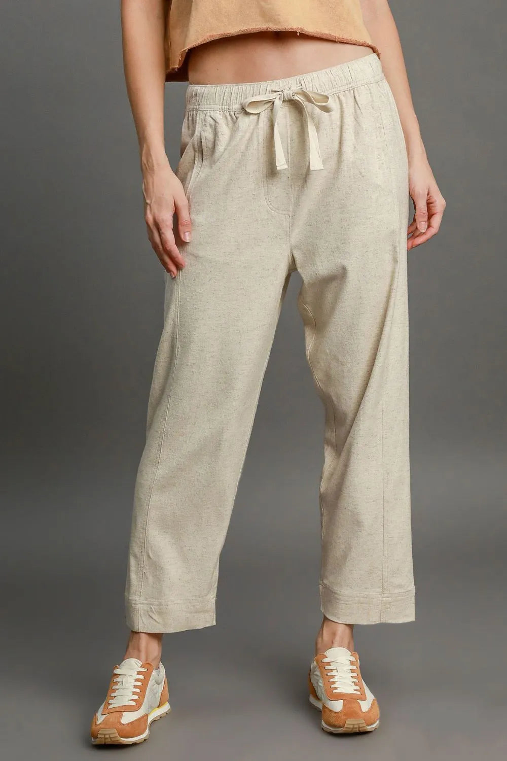 Full Size Drawstring Elastic Waistband Linen Blend Pants Plus Size
