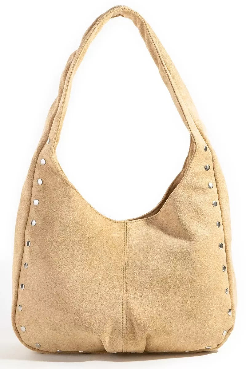 Faux Suede Studded Trim Hobo Bag