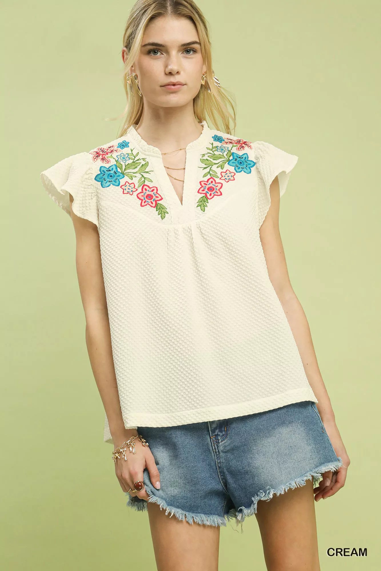 Embroidered Flutter Sleeve Blouse
