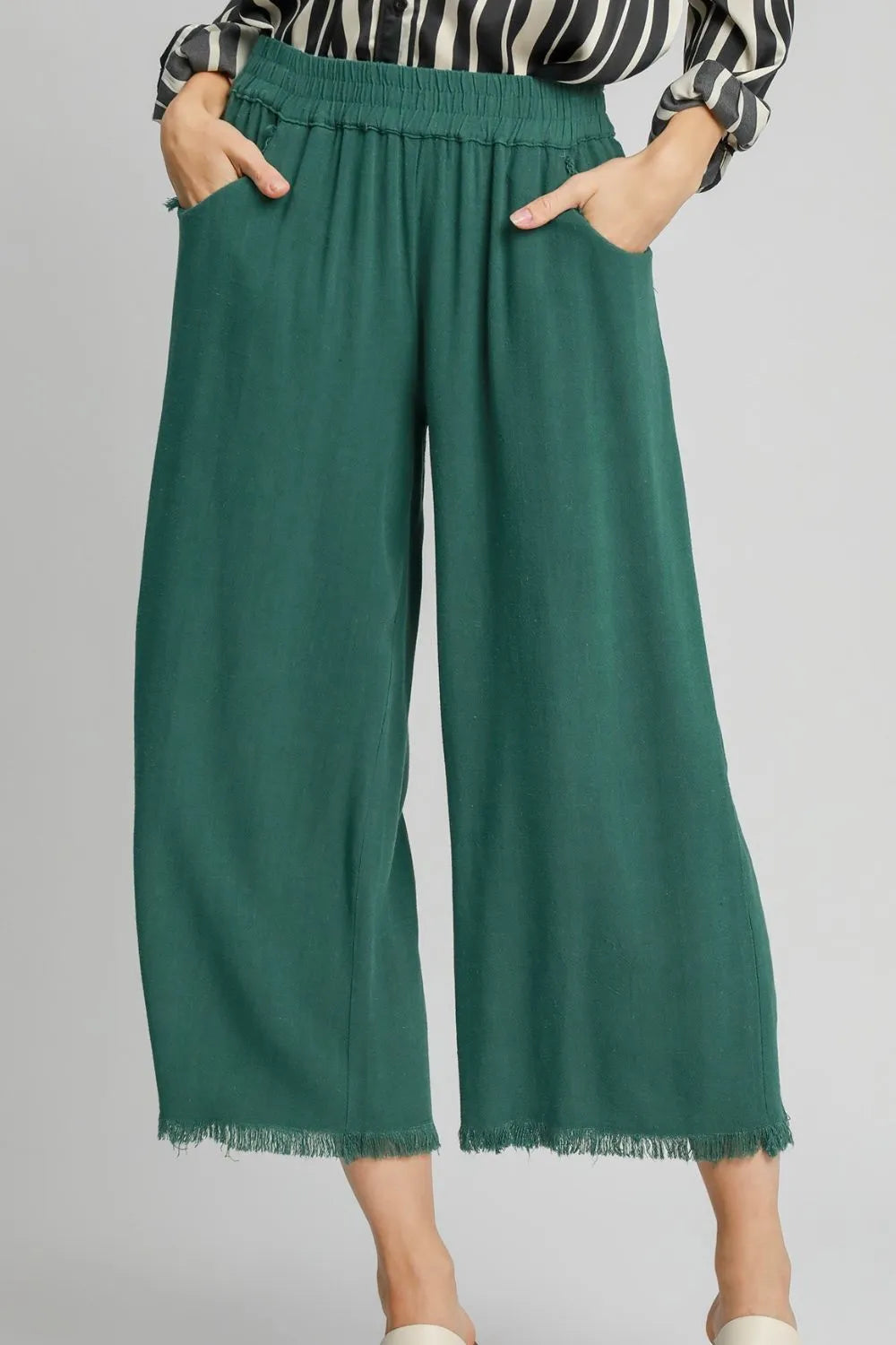 Full Size Linen Blend Elastic Waistband Wide Leg Pants Plus Size
