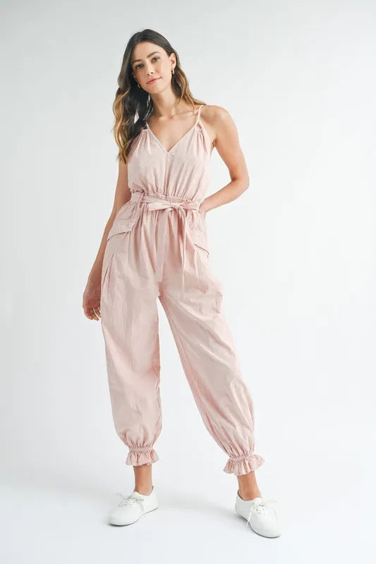 Washed Fabric Spaghetti Strap Waist Belted Jumpsuit