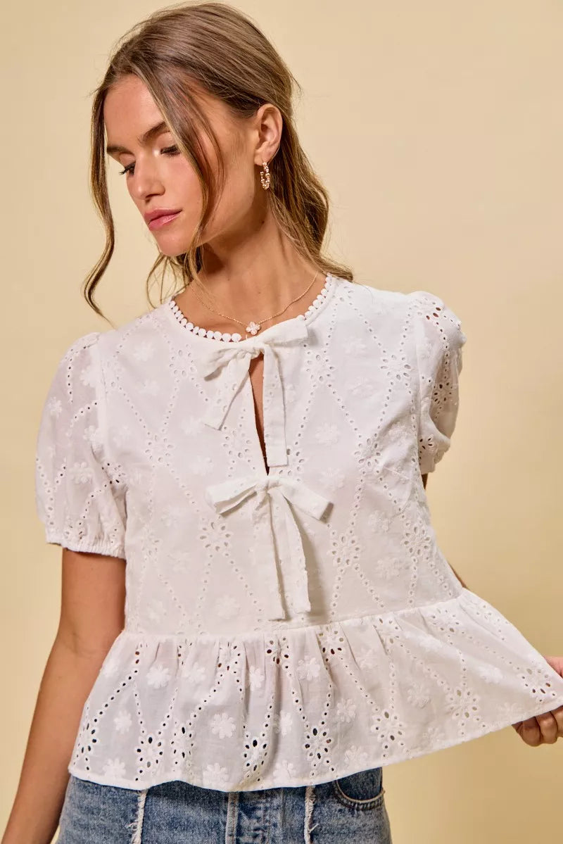 Cotton Eyelet Front Tie Short Sleeves Blouse
