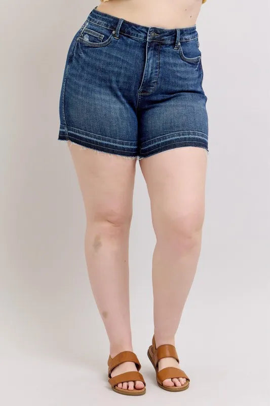 Plus Size HW Tummy Control Destroy Release Hem Denim Shorts