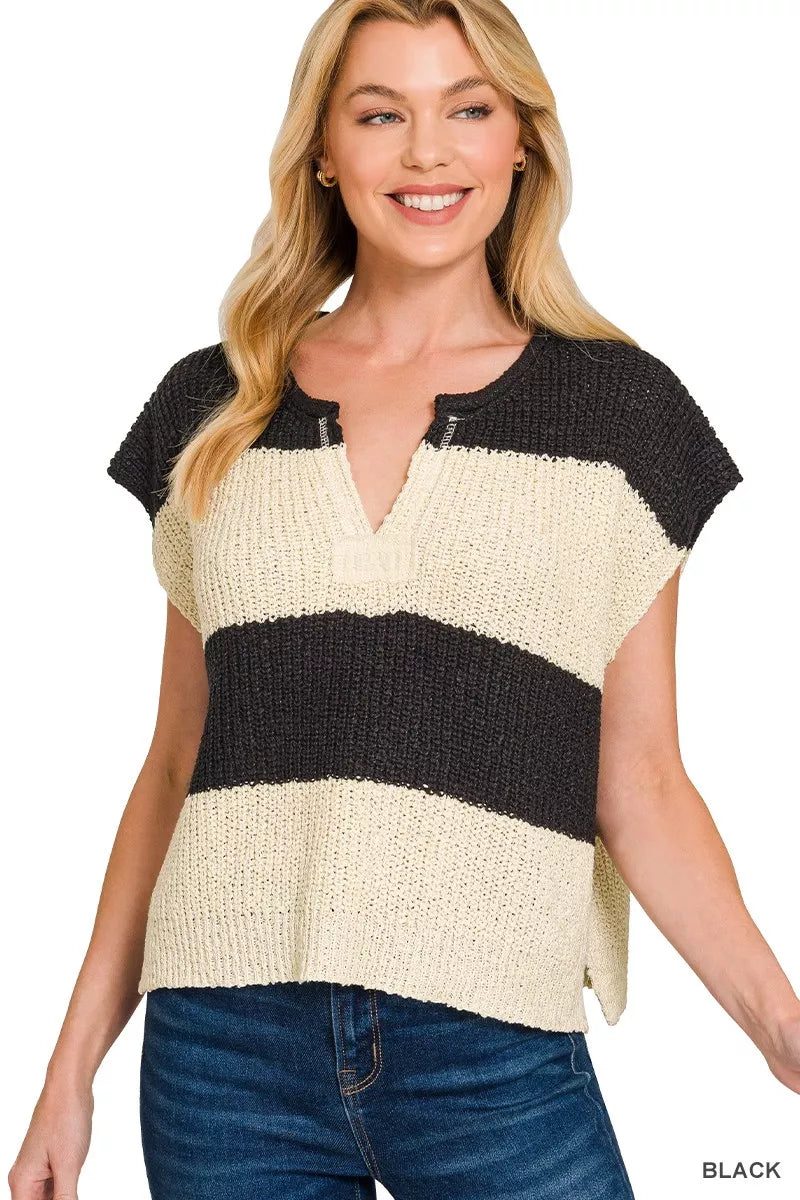 Split Neck Sleeveless Stripe Sweater