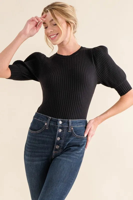 Puffed Half Sleeve Rib Basic Bodysuit