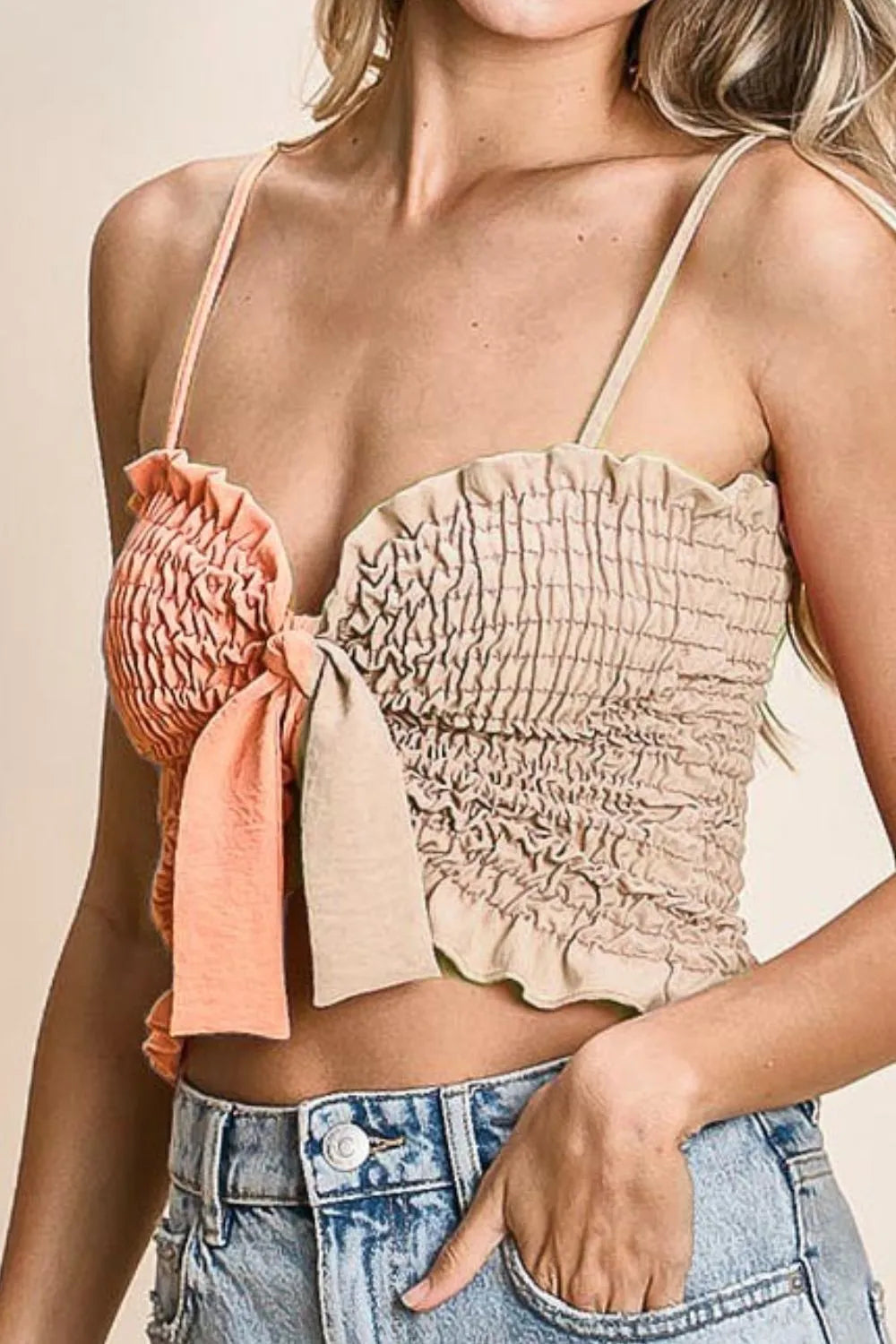 Woven Color Block Smocked with Ribbon Bra Top