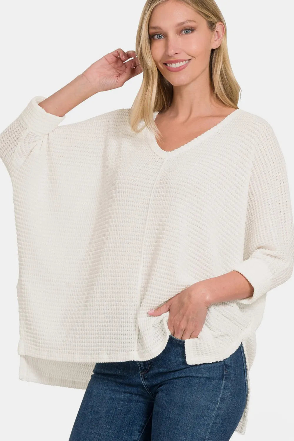 Full Size Round Neck High-Low Slit Knit Top