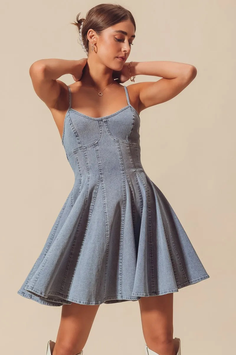 A Line Fit and Flare Denim Mini Dress