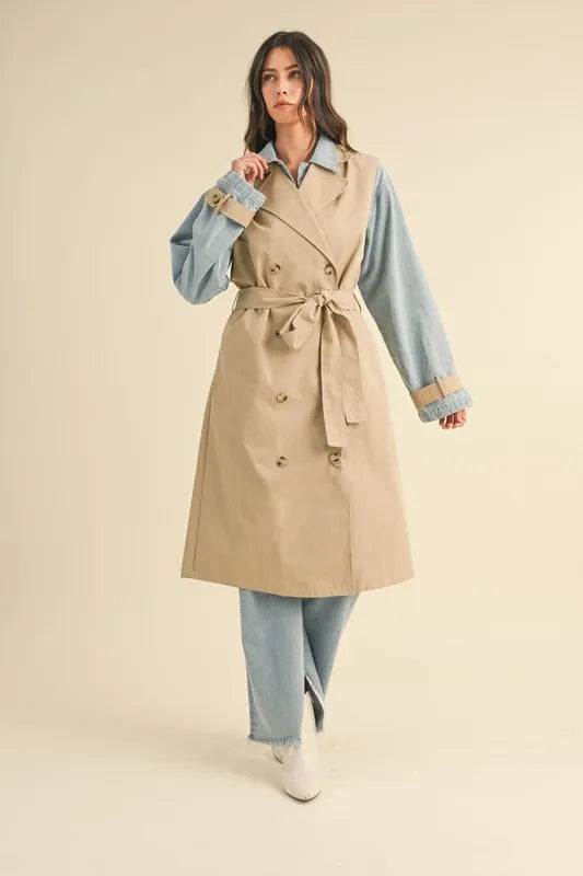 Layered Look Trench Coat With Denim Jacket