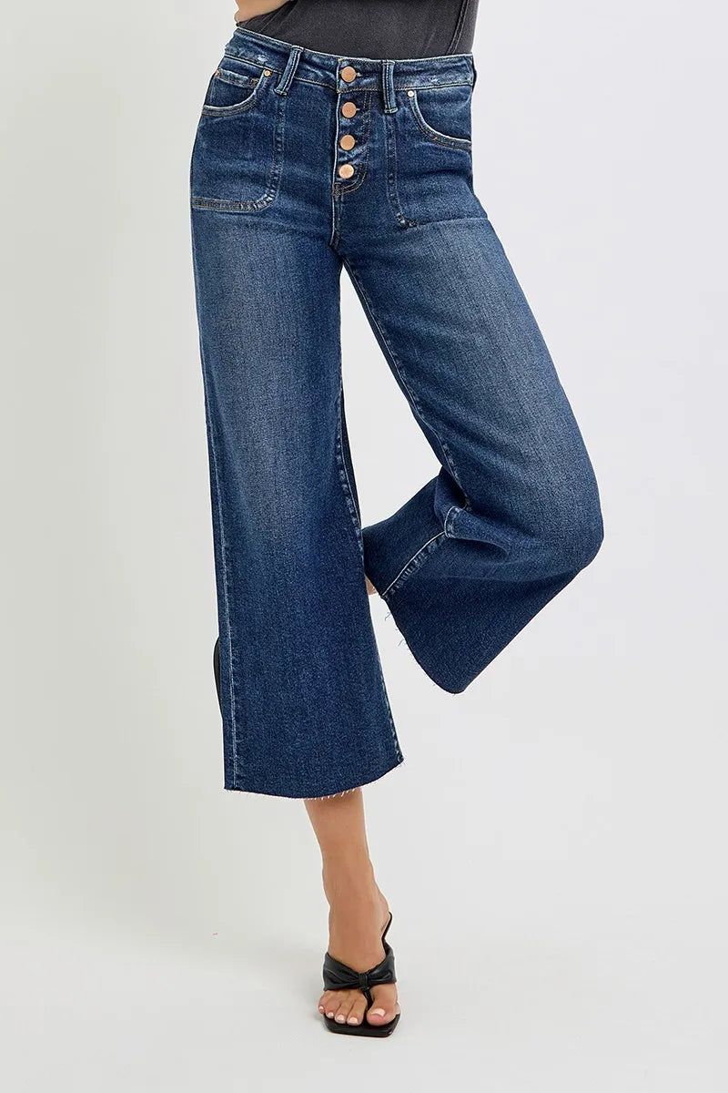 Full Size High Rise Crop Wide Button Up Jeans Plus Size