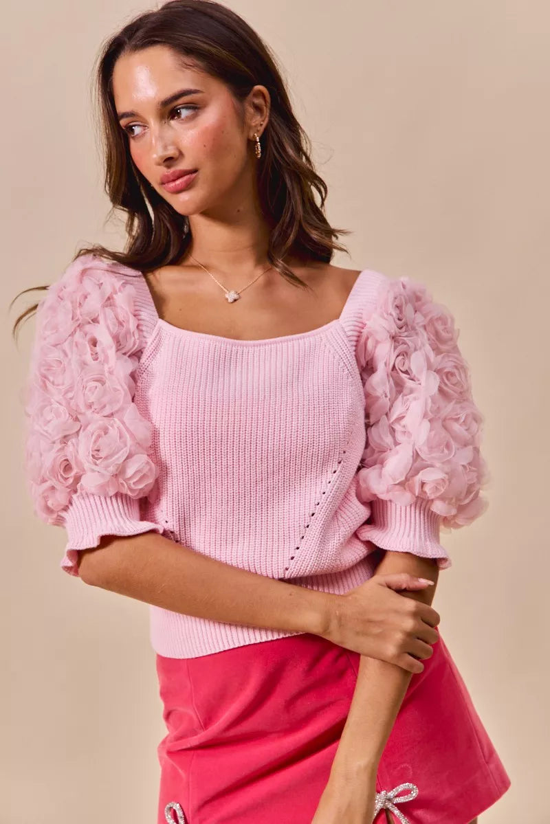 Rosette Sleeves Square Neck Sweater Knit Top