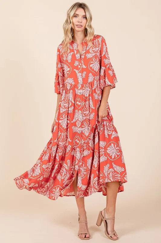 Abstract Leaf Print Tiered Ruffle Dress