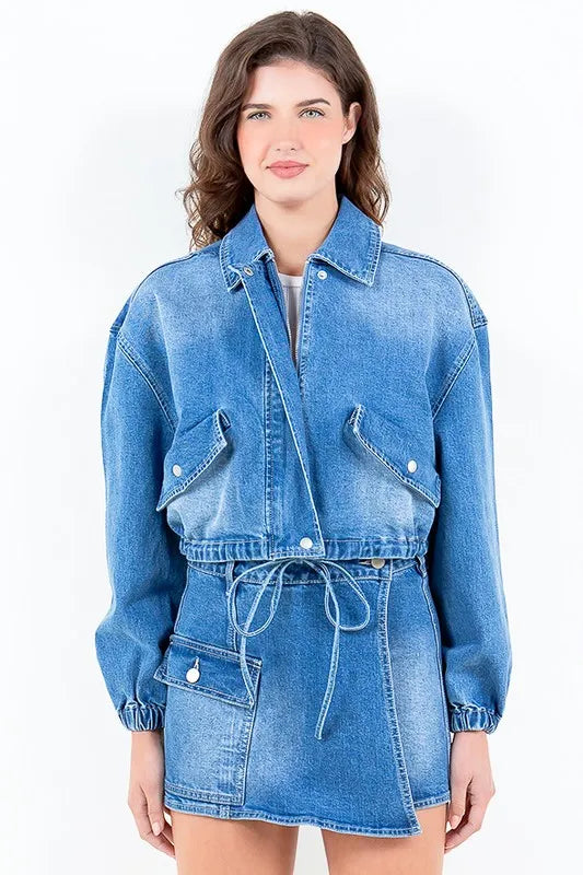 Full Size Drop Shoulder Cropped Denim Jacket with Waist Strap Plus Size