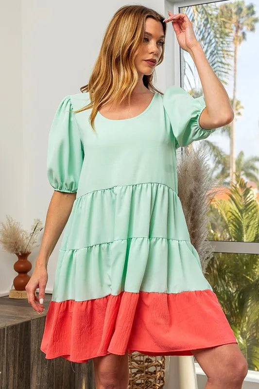 Two-Tone Balloon Sleeves U Neck Tiered Ruffle Hem Mini Dress