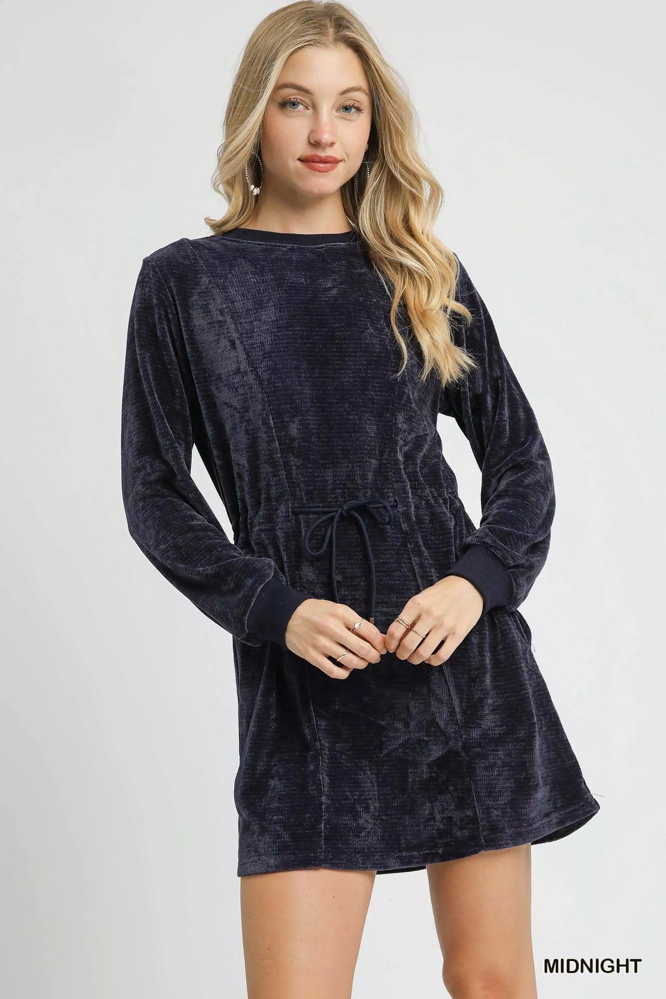 Velour Drawstring Mini Dress with Long Sleeves