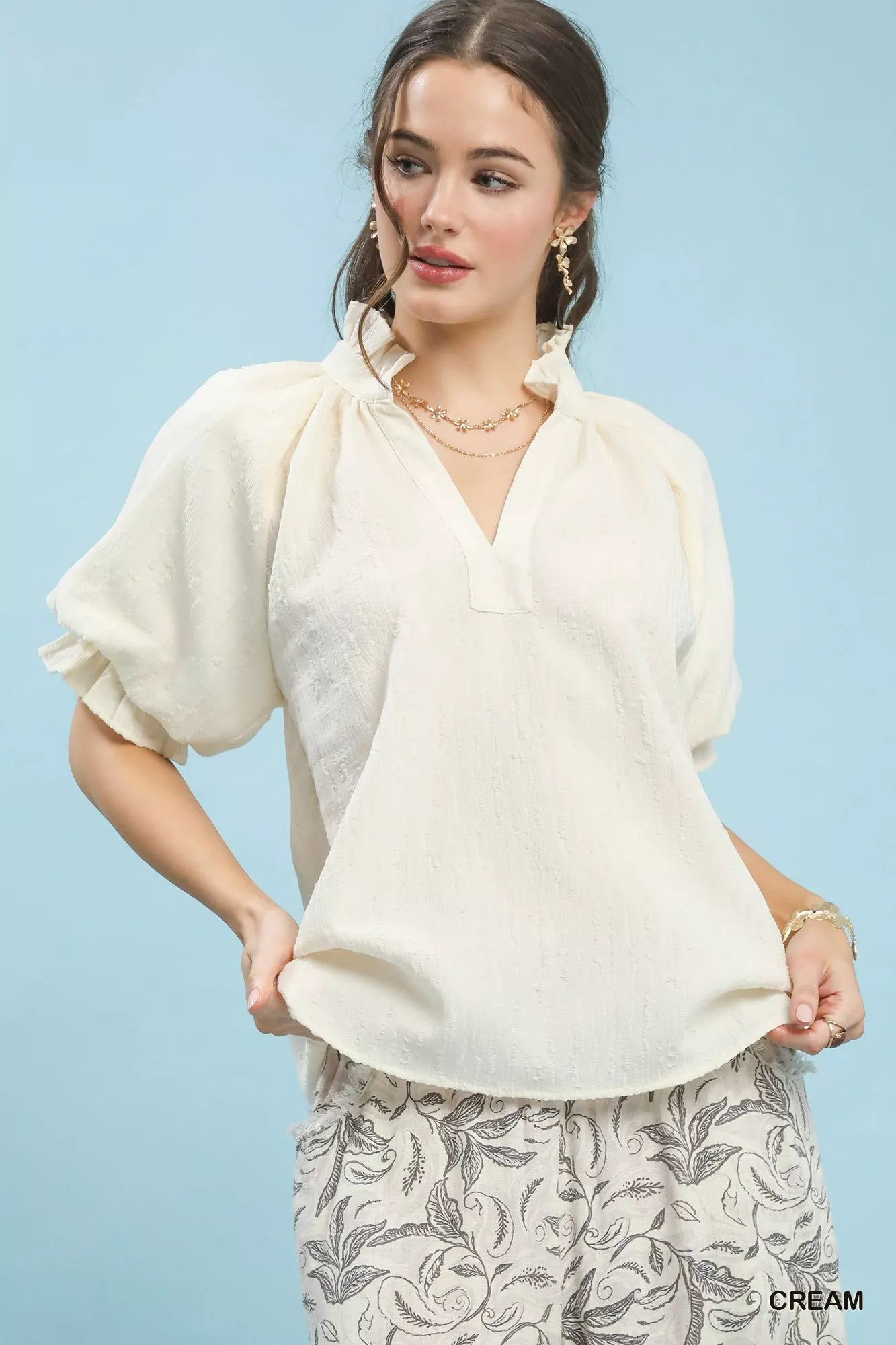Textured Puff Sleeve Split Neck Top