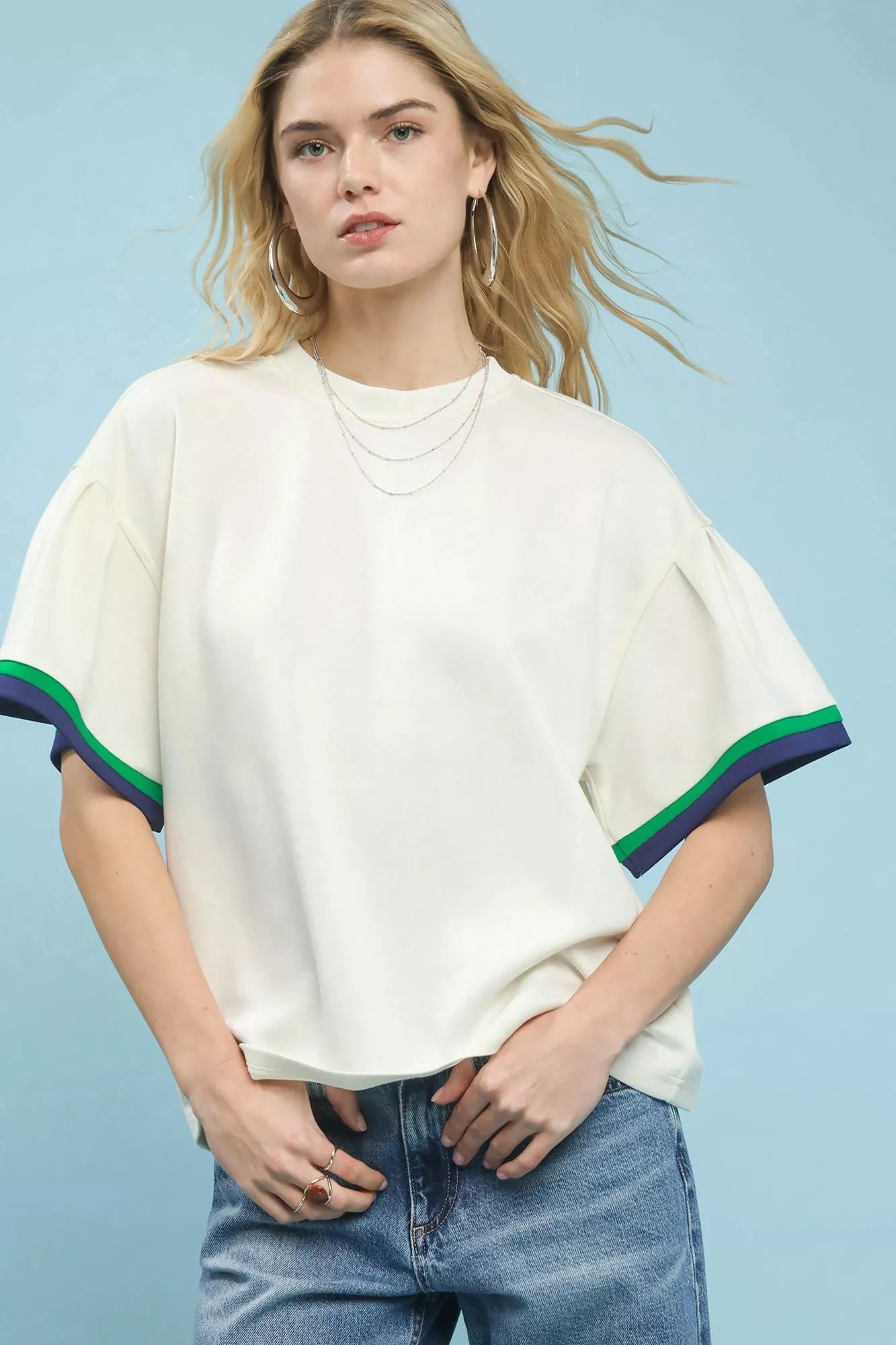 Contrast Trim Bell Sleeve Top