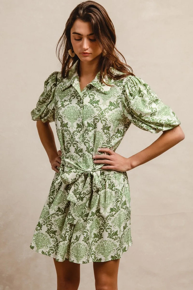Tied Floral Short Sleeve Mini Shirt Dress
