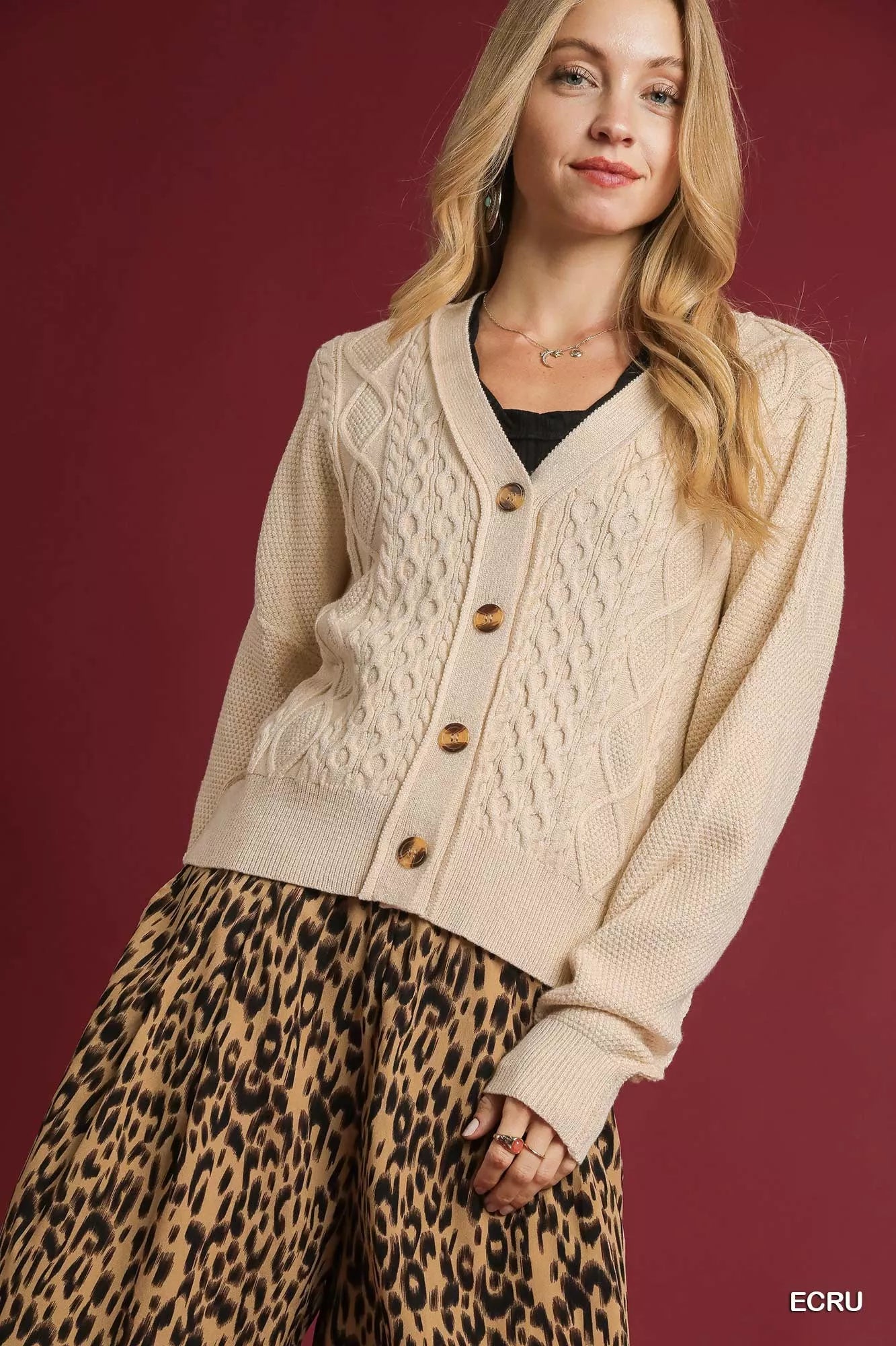 Chunky Cable Knit V-Neck Button-Up Cardigan