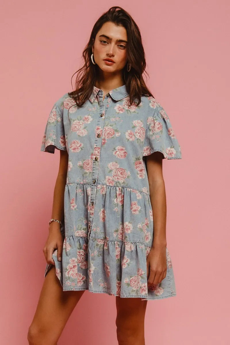 Floral Print Washed Lightweight Tiered Shirt Dress
