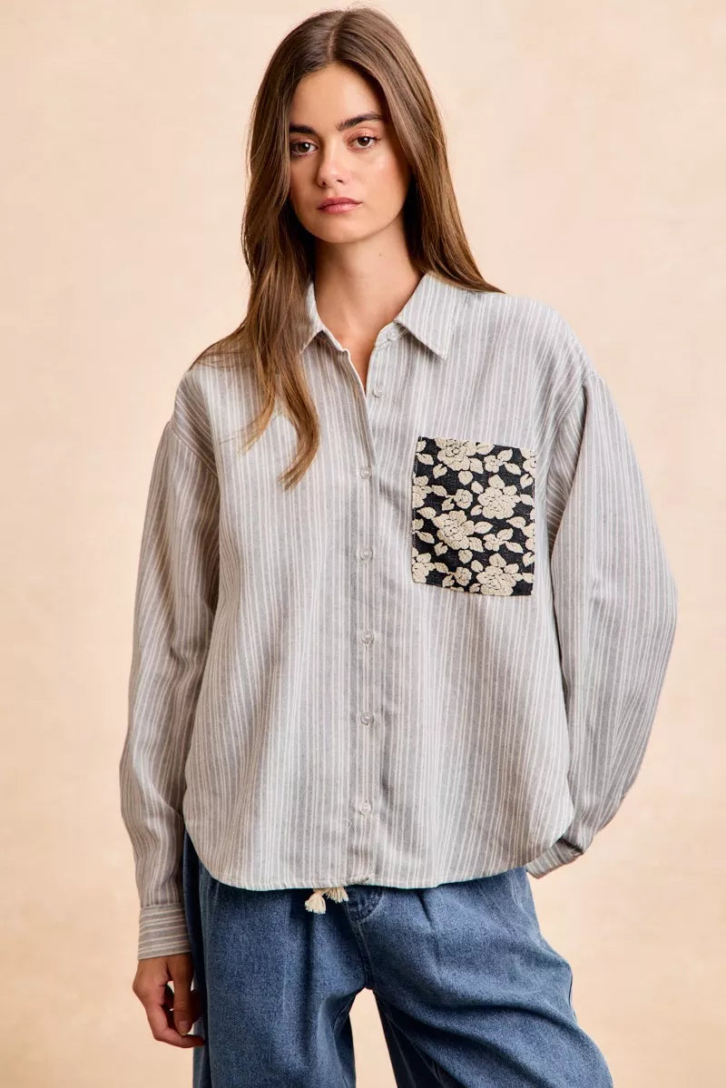 Flower Jacquard Knit Patch Pocket Stripe Shirt